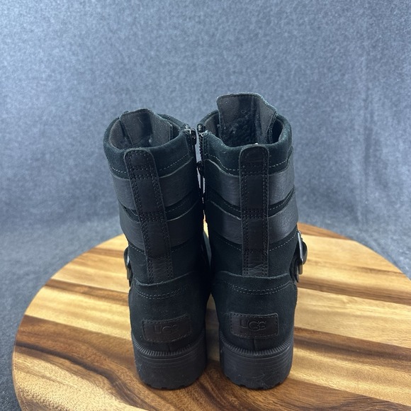 UGG Zia Black Suede Shearling Buckle Strap Waterproof Combat Boots Womens Sz 6.5 - Picture 7 of 10